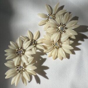 Vintage Signed Coro Rhinestone Cream Statement Estate Flower Clip On Earrings